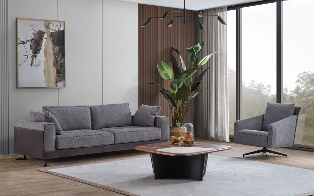 Graue Wohnzimmer Polstergarnitur Viersitzer Dreisitzer Textil Sessel