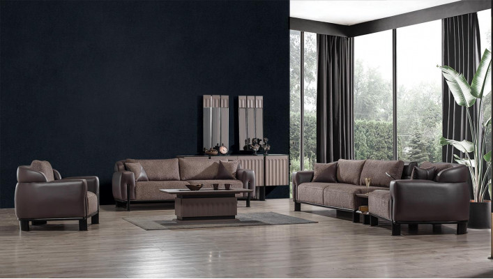 Braune Wohnzimmer Leder Garnitur 3-Sitzer Sofa Sessel Couchtisch 4tlg