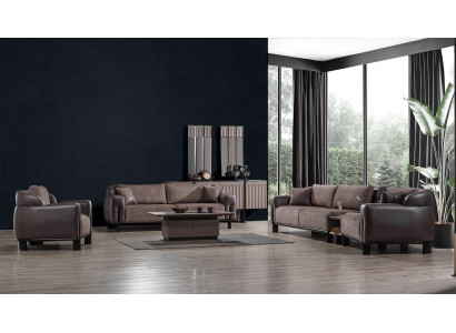 Braune Wohnzimmer Leder Garnitur 3-Sitzer Sofa Sessel Couchtisch 4tlg