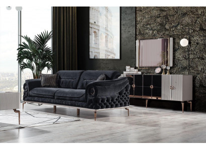 Schwarzes Wohnzimmer Set Exklusives Sofa Polster Sessel RTV-Lowboard