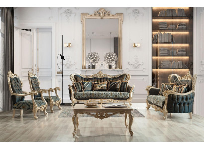 Sofagarnitur Sofa Couch Barock Rokoko Set Couchtisch Turkis 5tlg. Gold