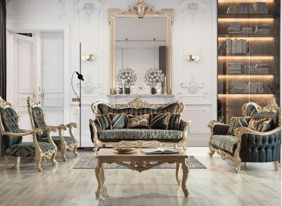 Sofagarnitur Sofa Couch Barock Rokoko Set Couchtisch Turkis 5tlg. Gold