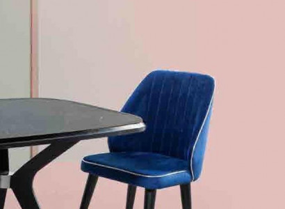 Blau gepolsterter Stuhl mit schwarzen Holzbeinen für Esszimmer helles Modell
