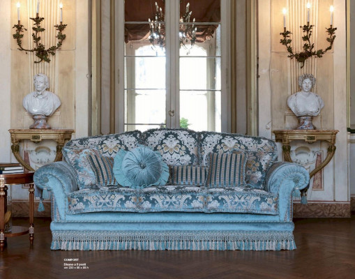 Dreisitzer Sofa 3 Sitzer Sofas Stoff Luxus Holz Wohnzimmer Möbel Blau