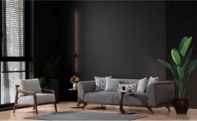 Graues Wohnzimmer Set Sofagarnitur 3+1 Sitzer 2x Holz Beistelltische