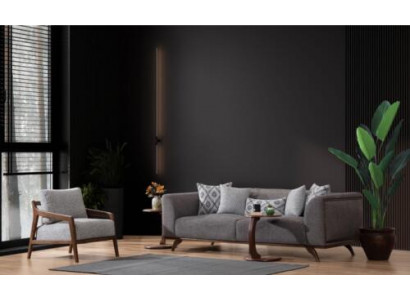 Graues Wohnzimmer Set Sofagarnitur 3+1 Sitzer 2x Holz Beistelltische