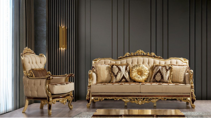 Luxus Sofa Beige Sofagarnitur Sessel 3+1 Sitzer Stoff Design Sofas