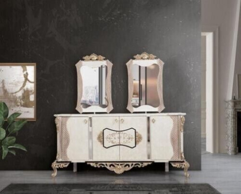 Luxus Esszimmer Set 9 tlg. Esstisch + 6x Stühle + Anrichte mit Spiegel weiß Neu