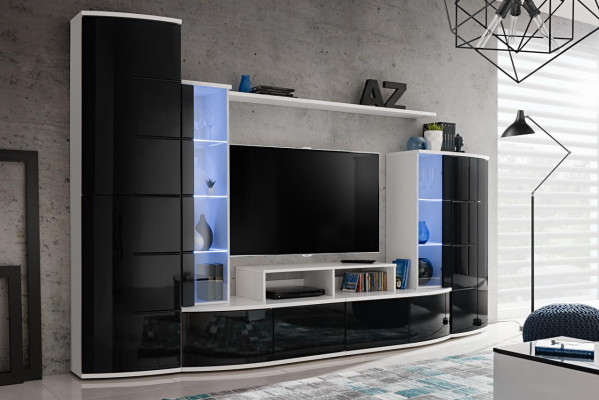 Schwarz Wohnwand Wohnzimmer Luxus Set Vitrine TV Ständer Holz Möbel Neu