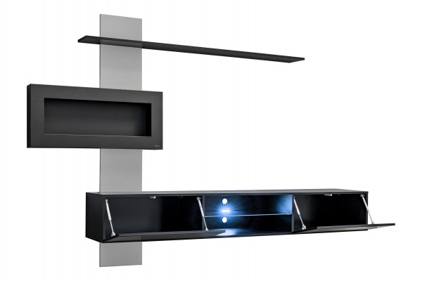 Schwarz Wohnwand mit Kamin Wohnzimmer Designer Modern Möbel TV Ständer