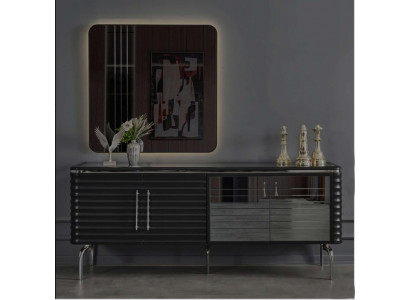 Stilvolle Esszimmer Garnitur Luxus Schwarzes Sideboard Spiegel Holzmöbel
