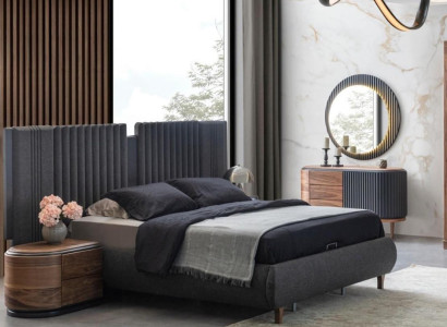Moderne Graue Schlafzimmer Garnitur Textilbett Holz Nachttische Kommode