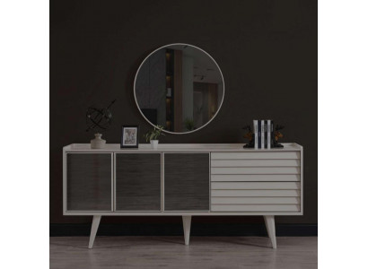 Weißes Sideboard Luxuriöser Rundspiegel Designer Holzmöbel 2tlg Set Neu