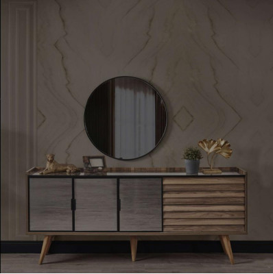 Braunes Esszimmer Set Stilvolles Sideboard Rundspiegel Holzmöbel 2tlg