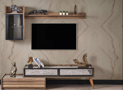 Moderne Wohnwand Designer Holz TV-Schrank Luxus Wandschrank Regal 3tlg