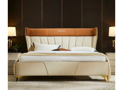 Schlafzimmer Beiges Doppelbett Lederbetten Holzgestell Textil Möbel