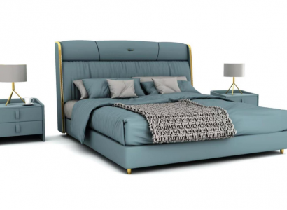 Blaues Schlafzimmer Doppelbett Designer Möbel LED-Bett Holz Textilbetten