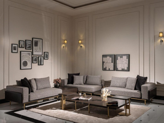 Wohnzimmer Garnitur Sofa Couchtische 5tlg Stoffsofa Grau Holz Set
