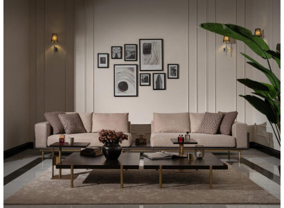 Wohnzimmer Gruppe Sofa Couchtische 4tlg Stoffsofa Beige Holz Moderne