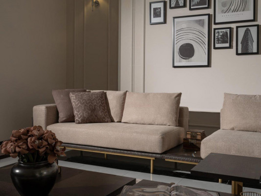 Wohnzimmer Gruppe Sofa Couchtische 4tlg Stoffsofa Beige Holz Moderne