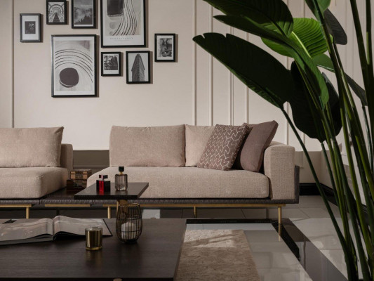 Wohnzimmer Gruppe Sofa Couchtische 4tlg Stoffsofa Beige Holz Moderne