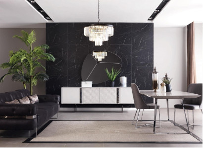 Esszimmer Garnitur Sofa Tisch 4x Stuhl Set Anrichte Spiegel Möbel 8tlg