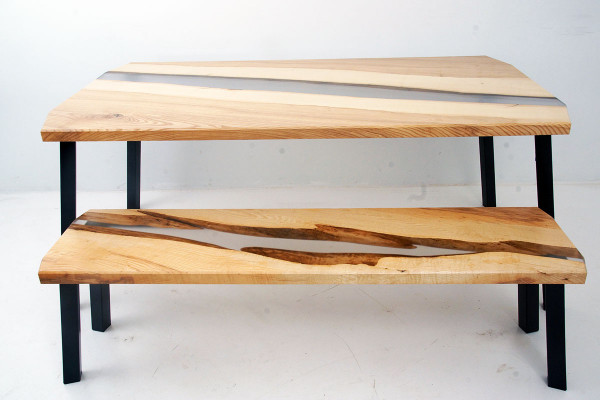 Epoxidharz Tisch Bank 2tlg. Set Echtes Holz Wasserfall Fluss Tische Gruppe Neu