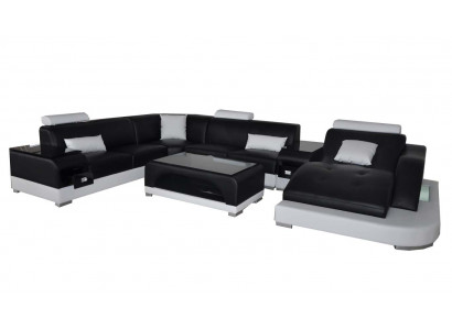 Leder Sofa mit USB Moderne Sitz Couch Polster Design Eck Couchen + Tisch + Lich
