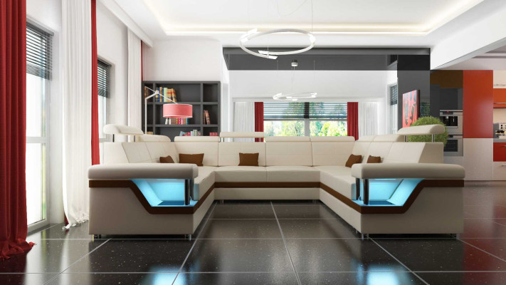 Ecksofa Wohnlandschaft Sofa Couch U Form Polster Couchen Leder Design Beleuchtet