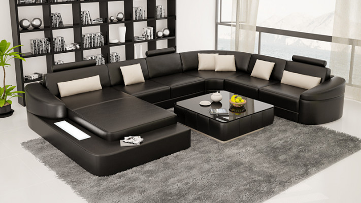Luxus Ledersofa Polster Moderne Sitz Garnitur Eckcouch Wohnlandschaft LED USB