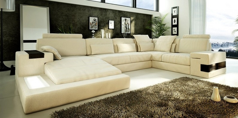 Design Ledersofa Sofa Couch Polster Wohnlandschaft XXL Big Ecksofa Ecke mit USB