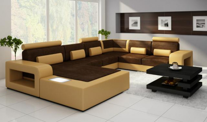 Wohnlandschaft Sofa mit USB Sofagarnitur Stoff Textil Leder Sofa mit Beleuchtung