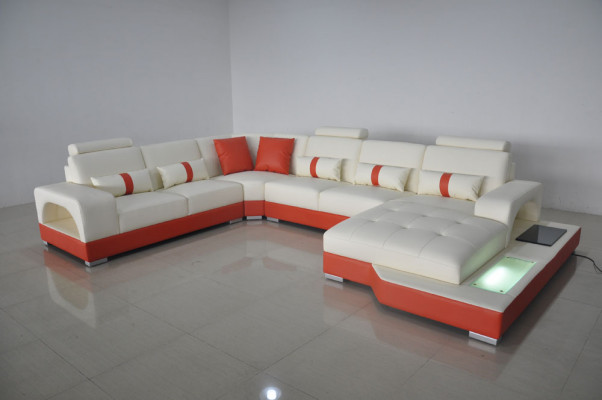 Ecksofa Leder Sofa Couch Polster Eck Sitz Wohnlandschaft U-Form Cream Orange Neu
