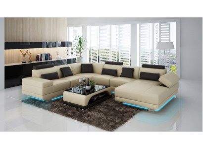 Ledersofa Couch Wohnlandschaft Ecksofa Eck Garnitur Design Modern Sofa Beige USB