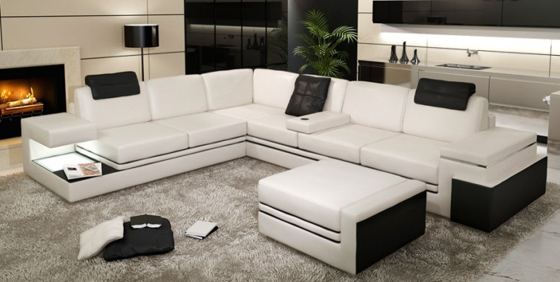 Modern Eckcouch Design Sofa Polster Ecke Leder Textil Couch LED Wohnlandschaft