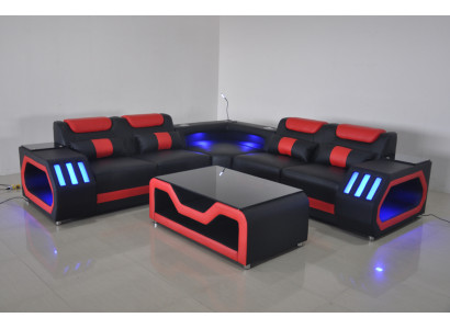Wohnzimmer Ecksofa L-Form Leder Holz Modernes Design Polsterung Couch Neu