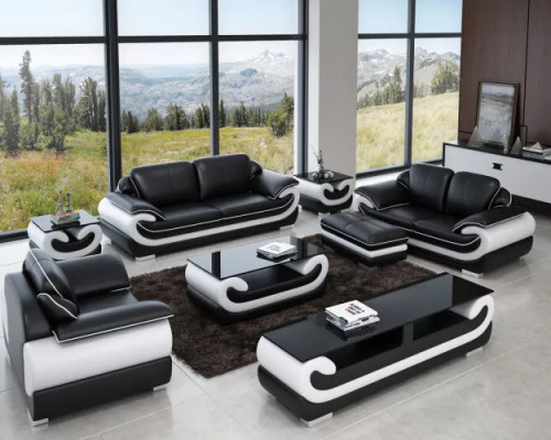 Klassische Ledersofa Garnitur Komplett Set 8 tlg. Wohnzimmer Set Tisch Hocker