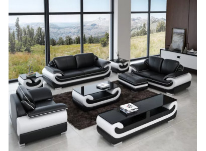 Klassische Ledersofa Garnitur Komplett Set 8 tlg. Wohnzimmer Set Tisch Hocker