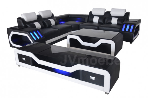 Ledersofa Wohnlandschaft Eck Garnitur Design Modern Sofa mit USB + Couchtisch