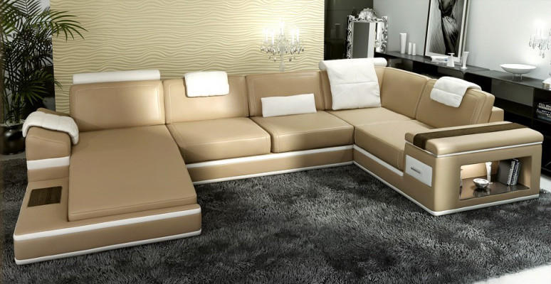 Ecksofa Sofa Couch Polster Leder Garnitur Wohnlandschaft Ecke Wohn Beige