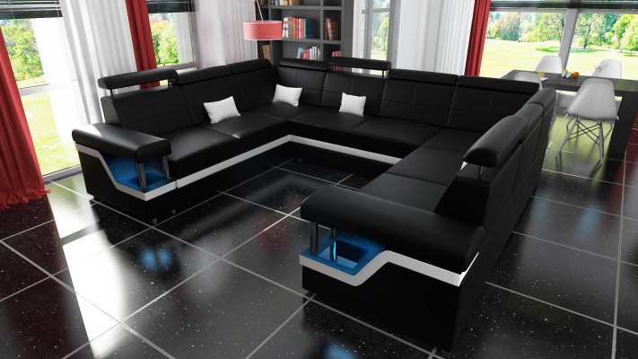 Ledersofa mit USB Big XXL Couch Ecksofa Wohnlandschaft Couch Polster Sitz LED