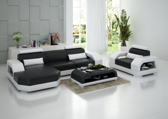 Ledersofa Couch Wohnlandschaft Ecksofa + 1 Sitzer Garnitur Design Modern G8001E