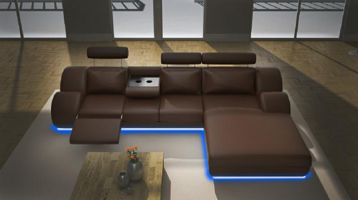 Designer Garnitur Wohnlandschaft Eckcouch Sofa USB Polster Ledersofa Sofas Grau