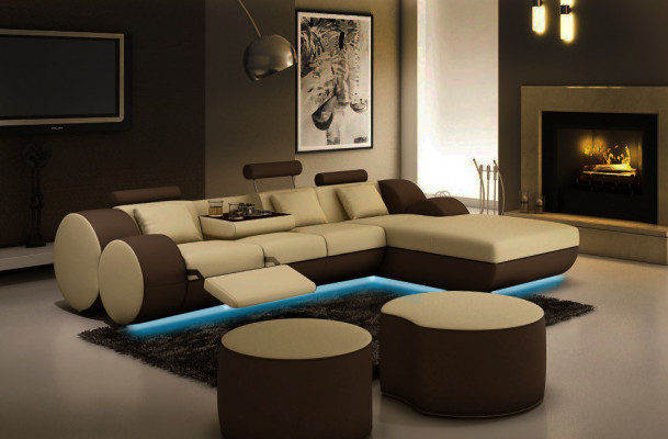 Designer Leder Ecksofa Wohnlandschaft Ledercouch+ USB Garnitur Eckcouch Madrid