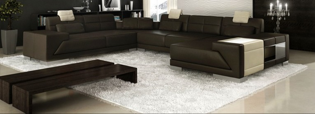Wohnzimmer U Form Ecksofa mit USB Design Sofa Couch Polster Garnitur Ecke Braun