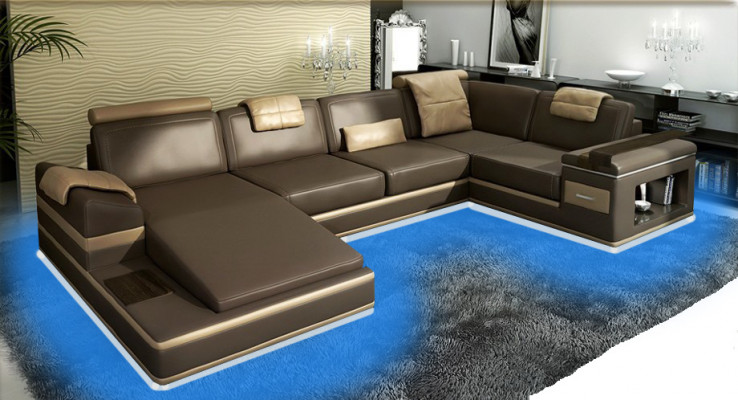 Ecksofa Sofa USB + LED Wohnlandschaft U Form Polster Couch Ledersofa Stoff Leder