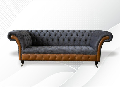 Chesterfield Sofa Couch Polster 3 Sitzer Grau Textil Stoff Graue Couchen