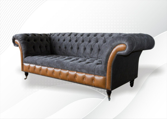 Chesterfield Sofa Couch Polster 3 Sitzer Grau Textil Stoff Graue Couchen