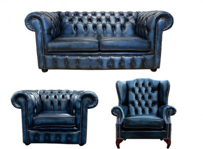 Sofagarnitur Chesterfield Ledersofa Sofa Couch Leder Polster Ohren Sessel 