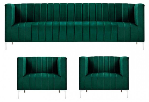 Sofagarnitur Dreisitzer Stoff Wohnzimmer Samt Design Grün Sofa 2 Sessel Gruppe
